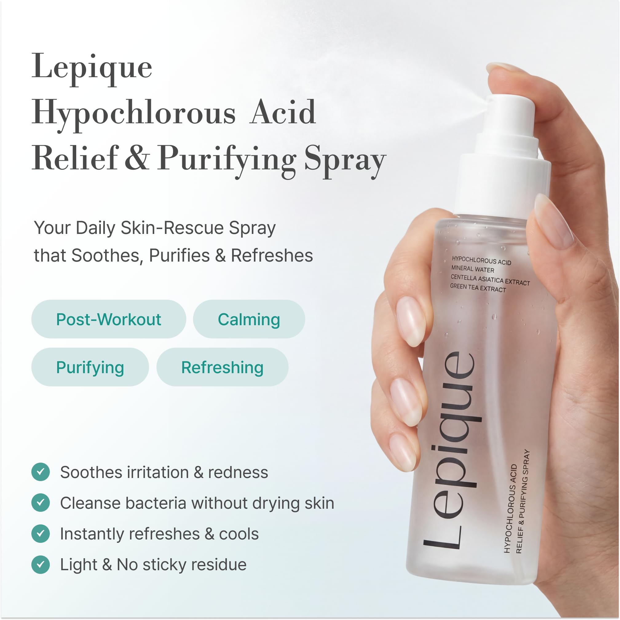 Lepique bottle label detail highlighting HOCl 150ppm and gentle formulation benefit