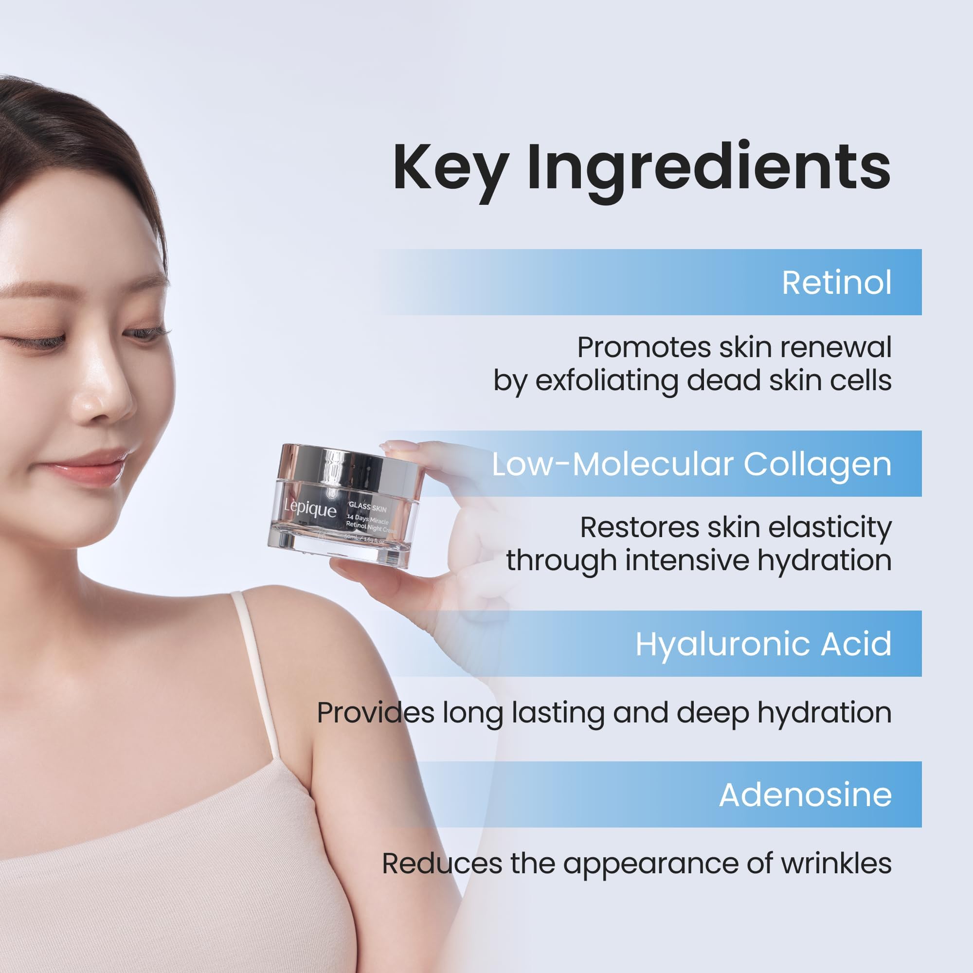 Lepique size with hand conveying 1.69 fl oz scale and travel-friendly benefit