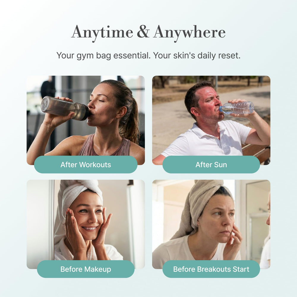 Lepique spray applied to model's face illustrating on-the-go redness relief benefit