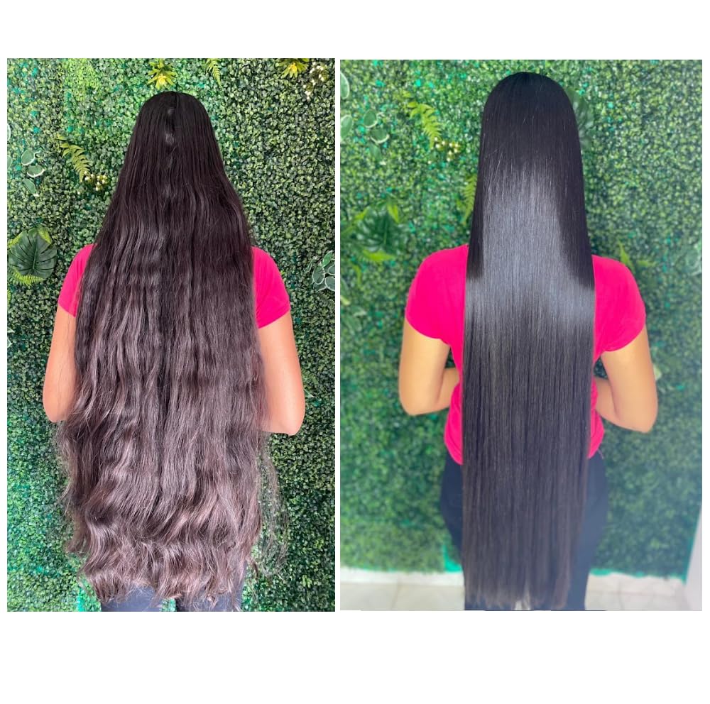 Let Me Be product applied to dry hair showing smoother texture and reduced frizz