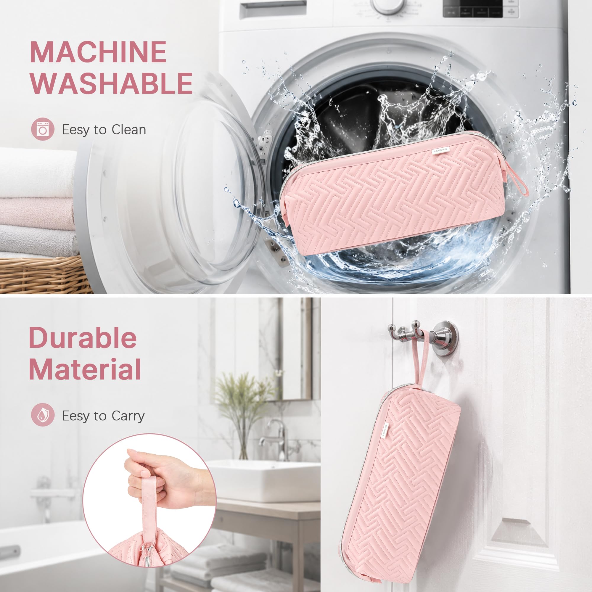 Leudes hanging on hook for hands-free styling and convenient storage