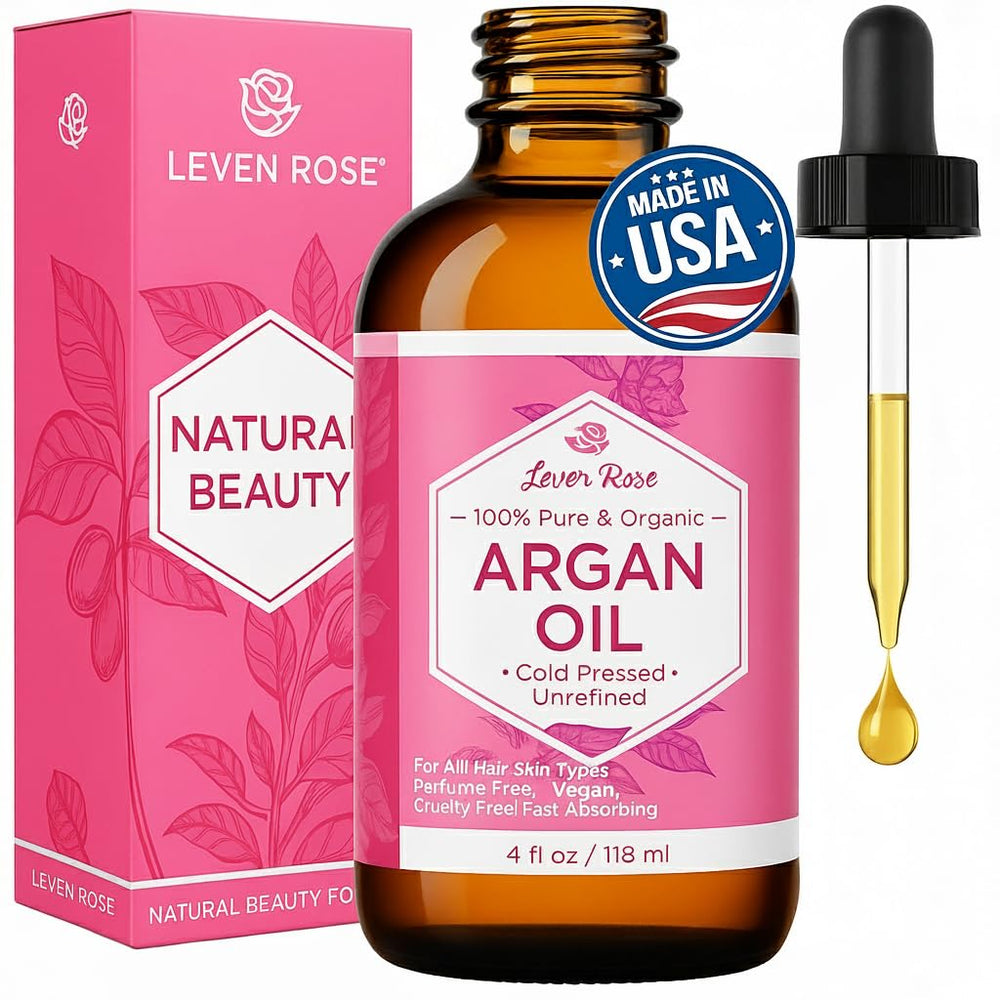 Leven Rose front bottle shot showing pure argan oil and packaging benefit