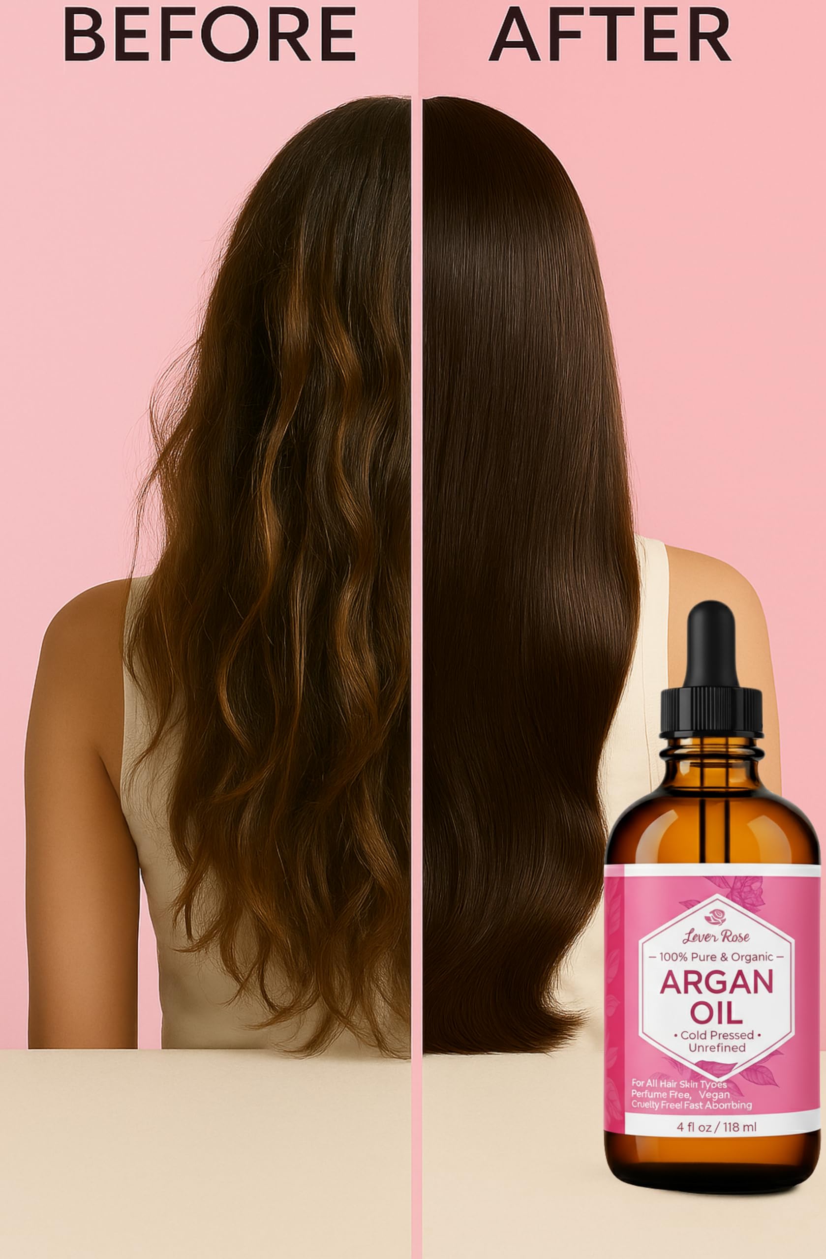 Leven Rose hair before and after using oil showing smoother frizz-free hair
