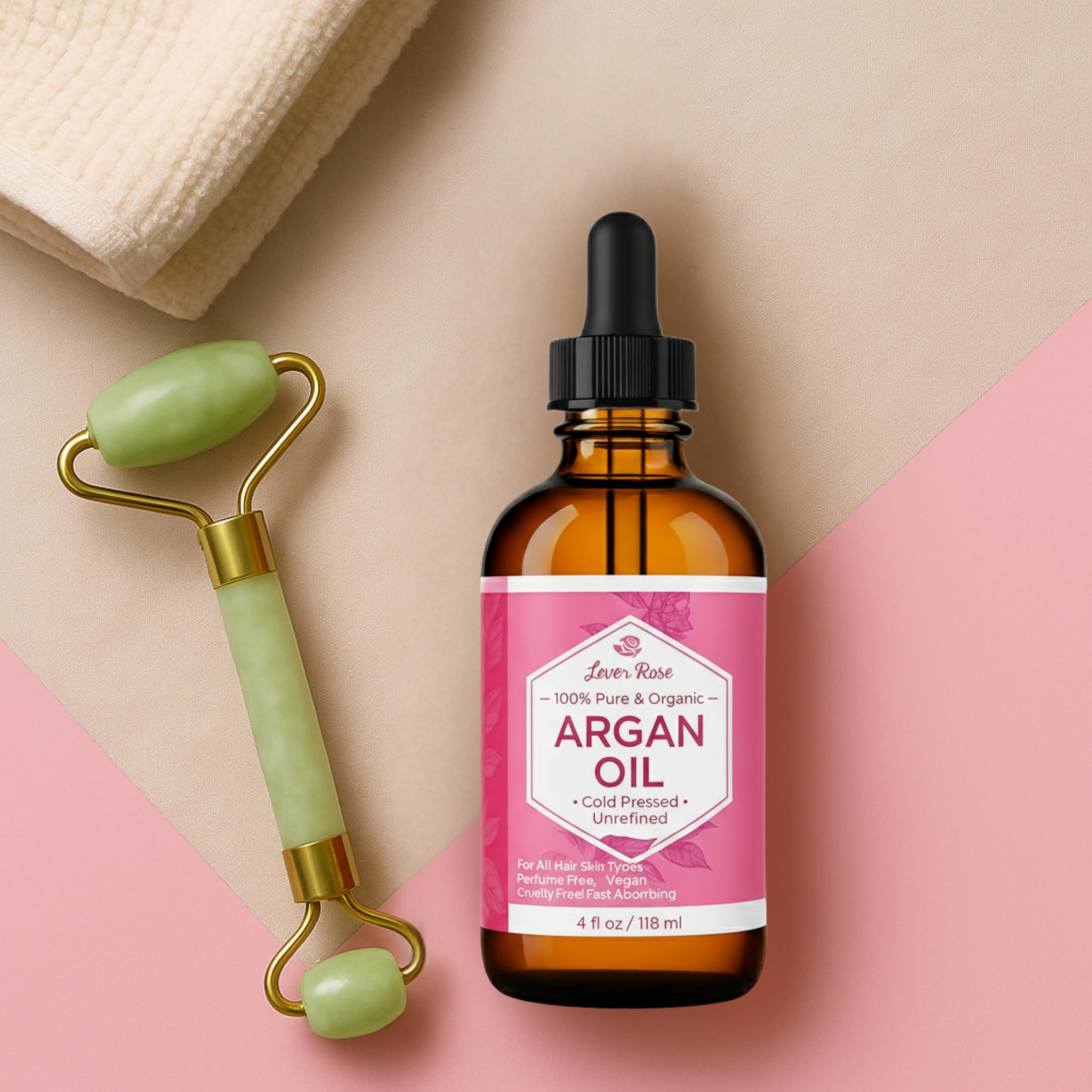 Leven Rose 4 oz bottle next to common items showing actual product size