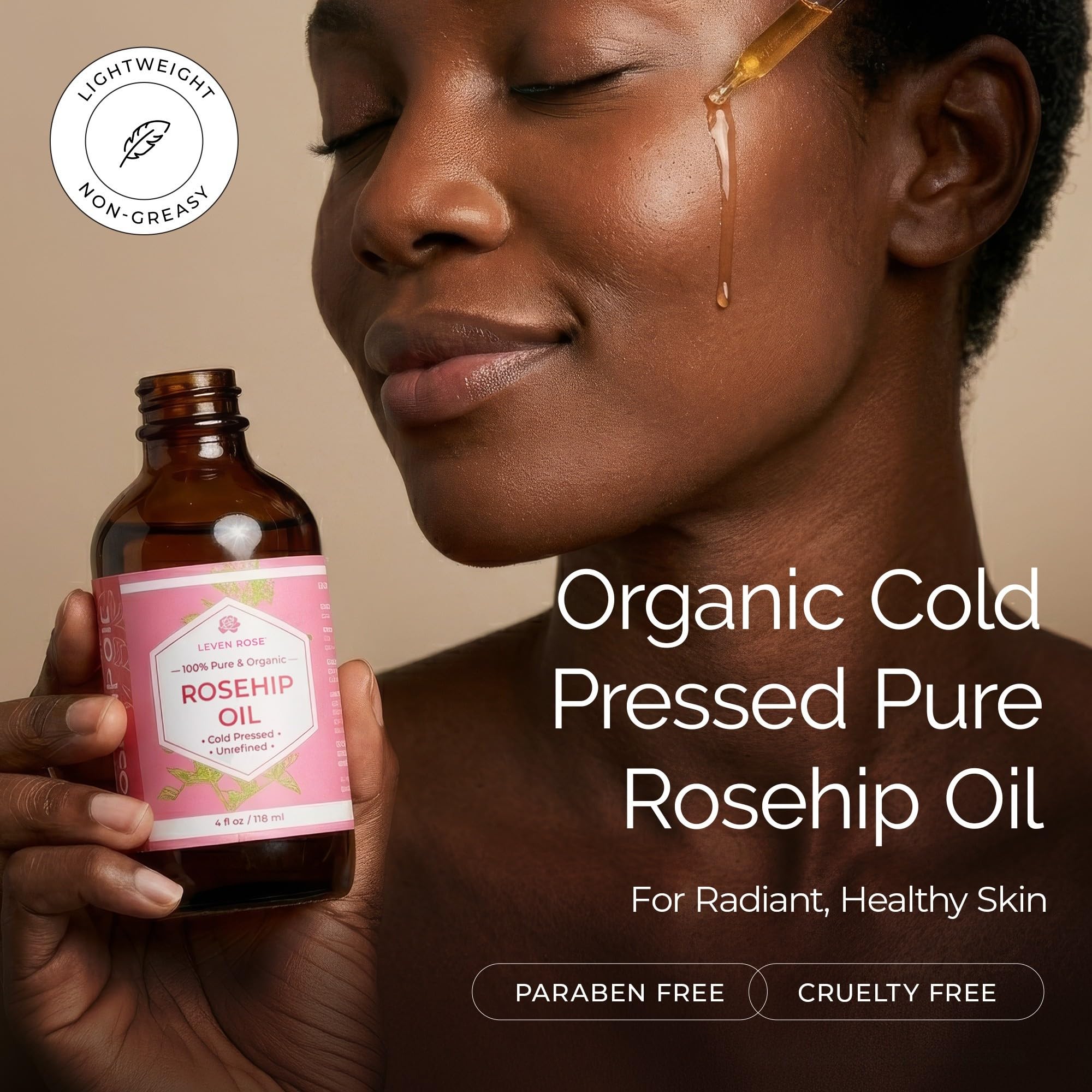 Leven Rose dropper dispensing oil, demonstrates precise easy application