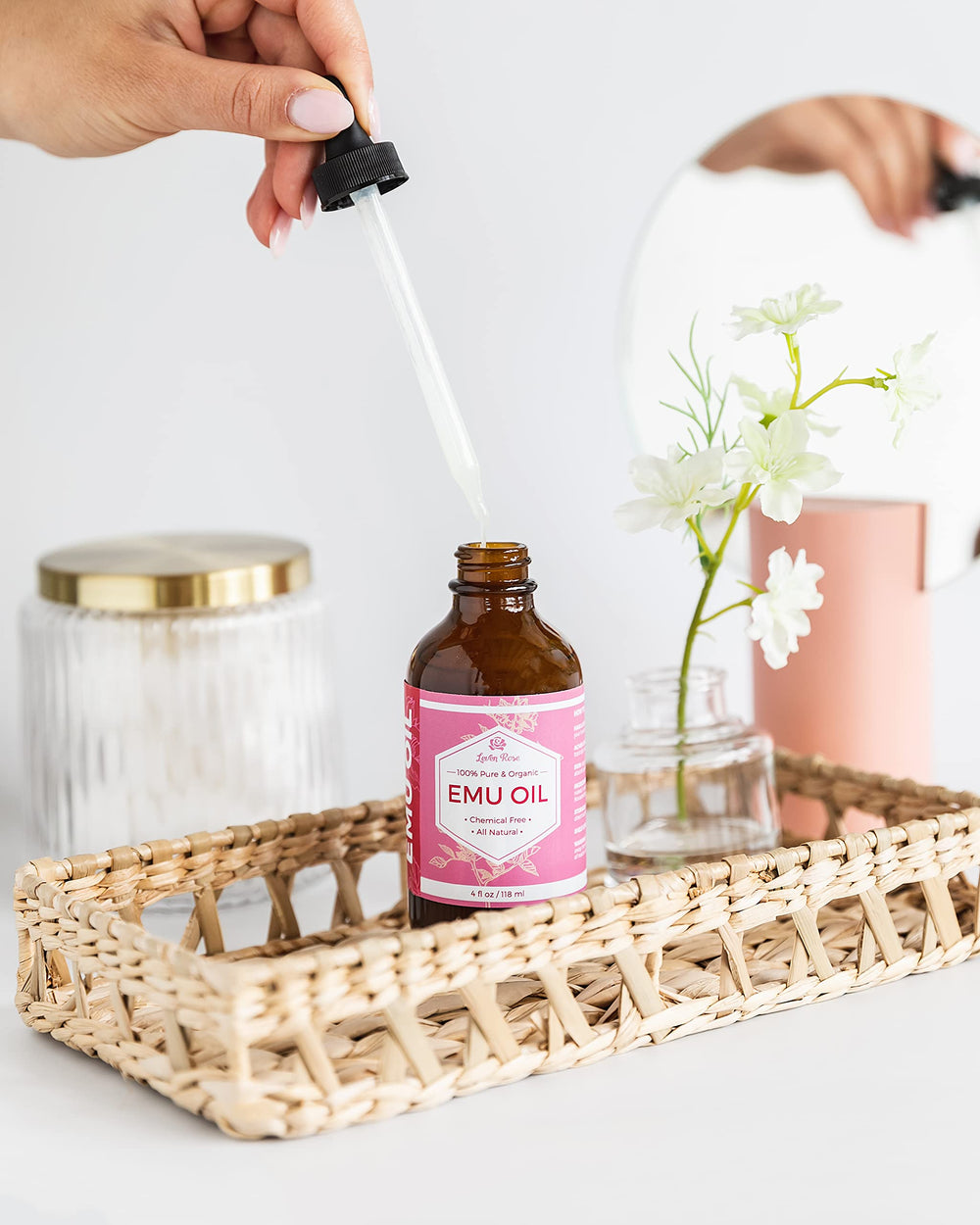 Leven Rose oil drop on surface showing lightweight texture and smooth finish