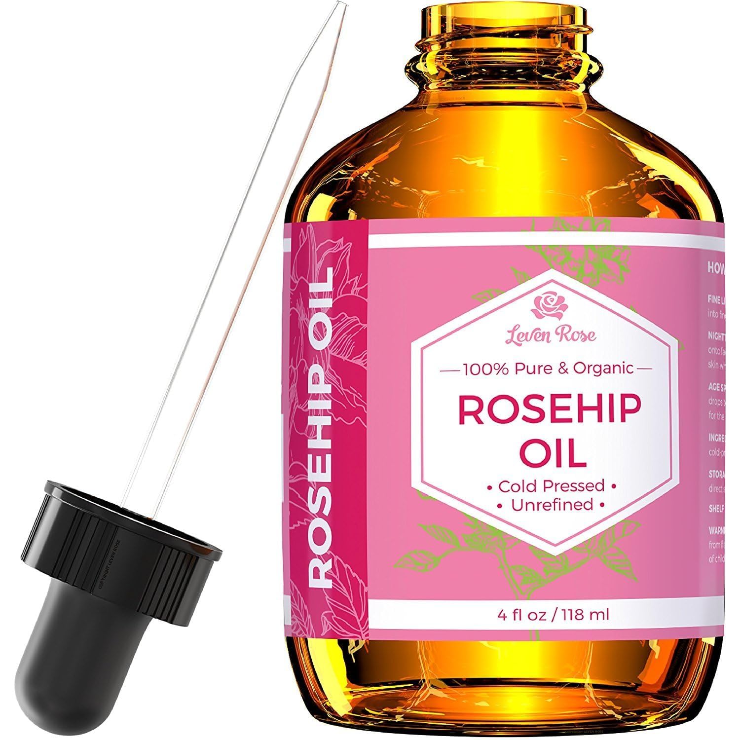 Leven Rose bottle front view showing label and size, conveys pure product