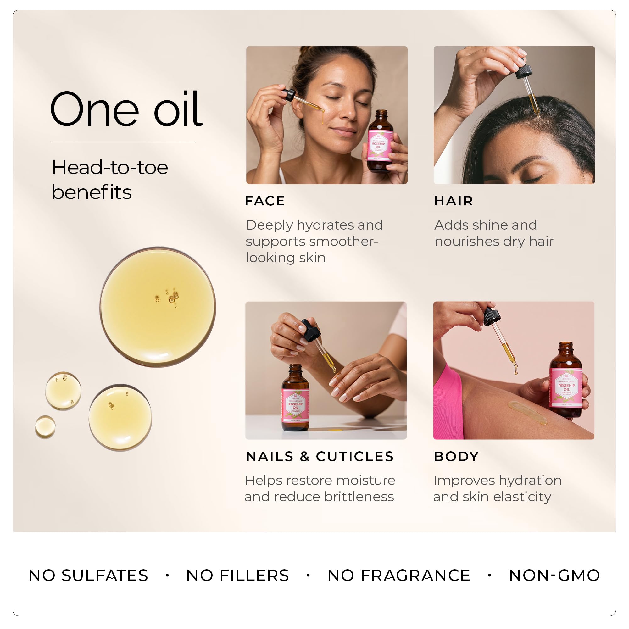 Leven Rose oil texture close-up on skin, highlights lightweight absorption