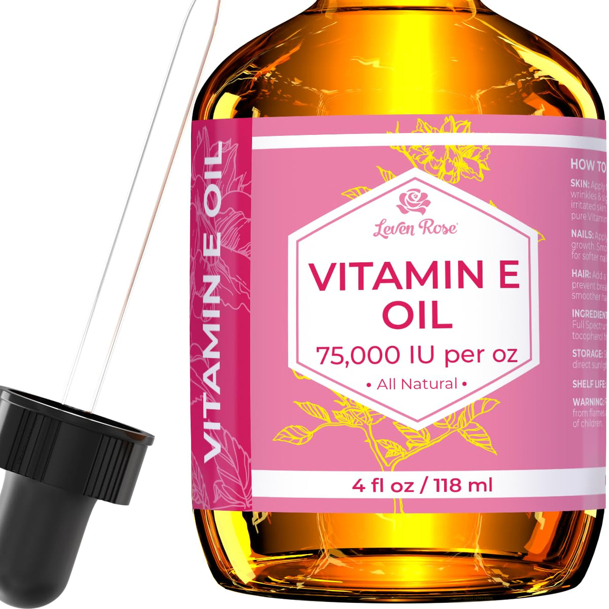 Leven Rose front bottle view showing label and pure Vit E benefits