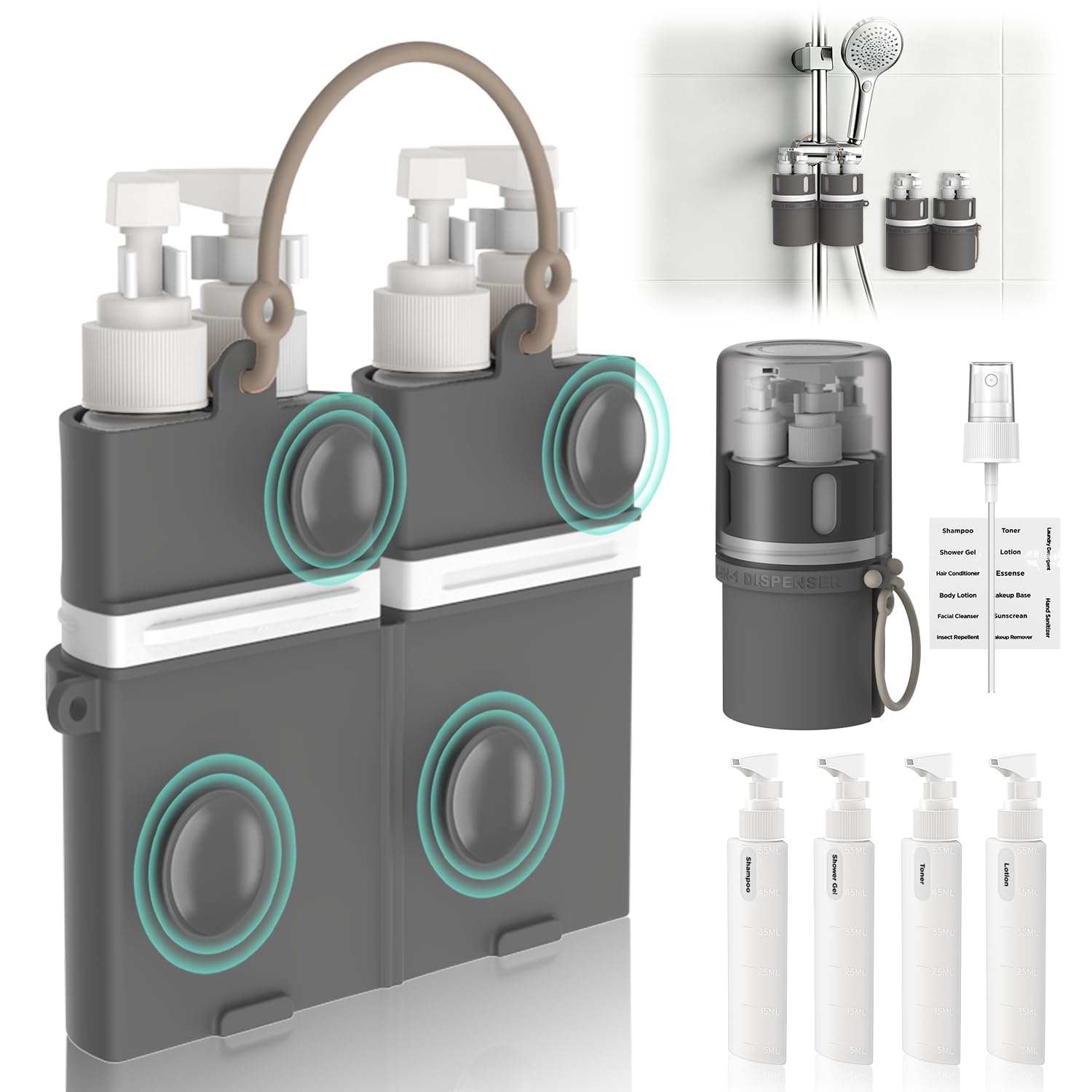 LEVOGO front view of travel dispenser kit showing organized bottles and case, convenient packing