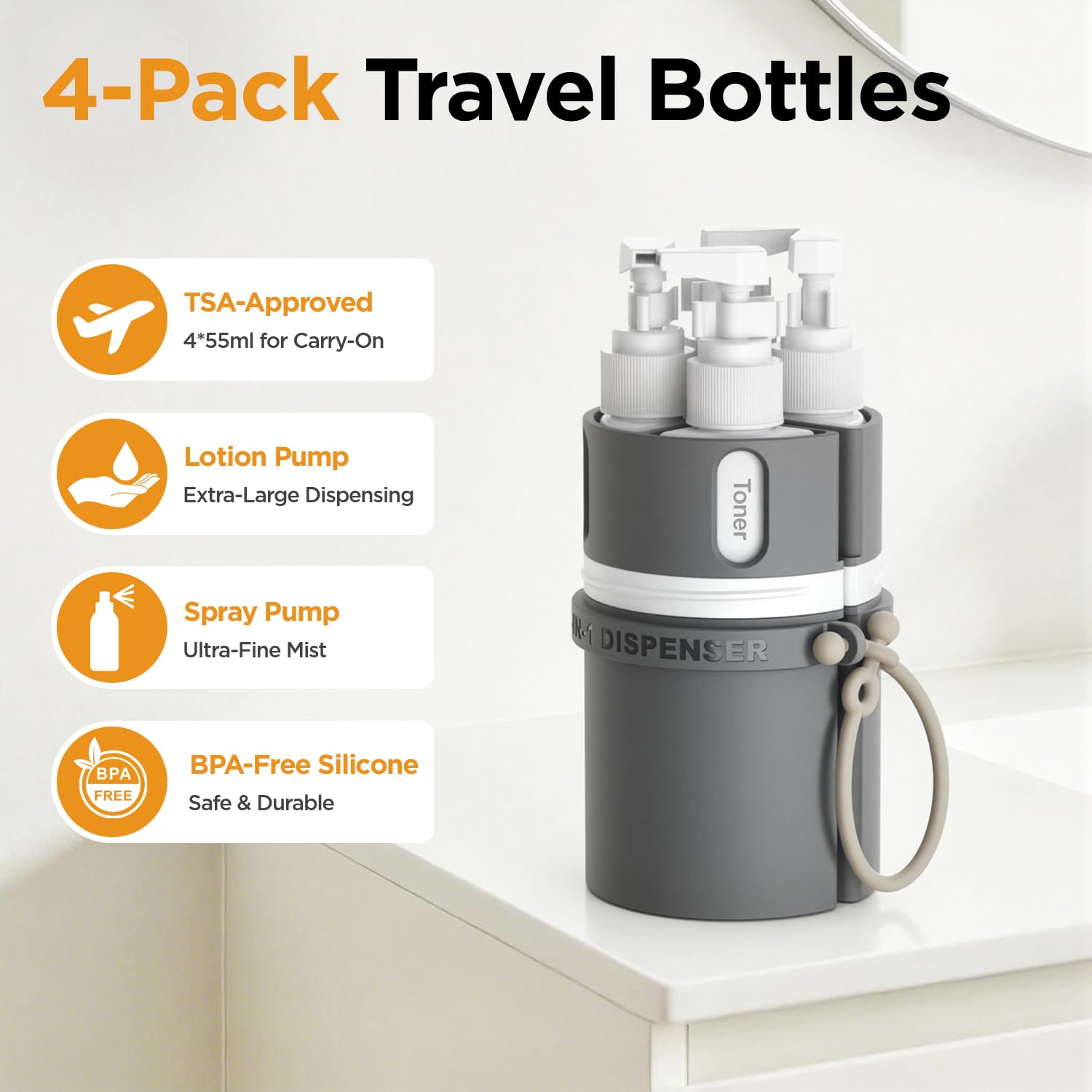 LEVOGO detail of spray pump attachment, adds misting option for versatile toiletries