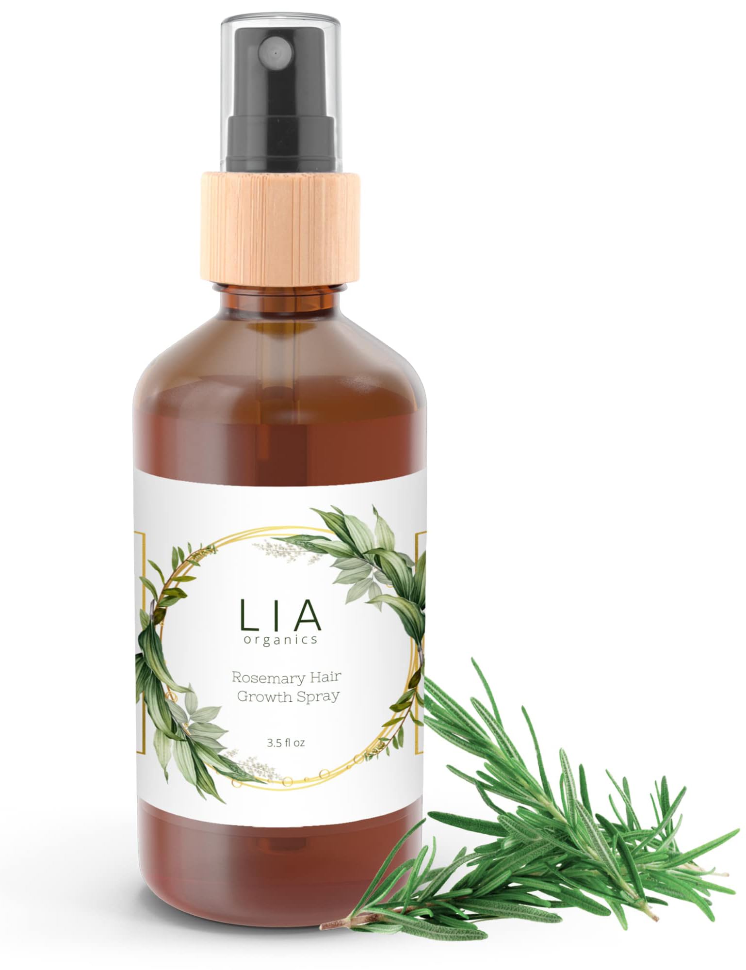 Lia Organics front packaging showing rosemary spray and benefits