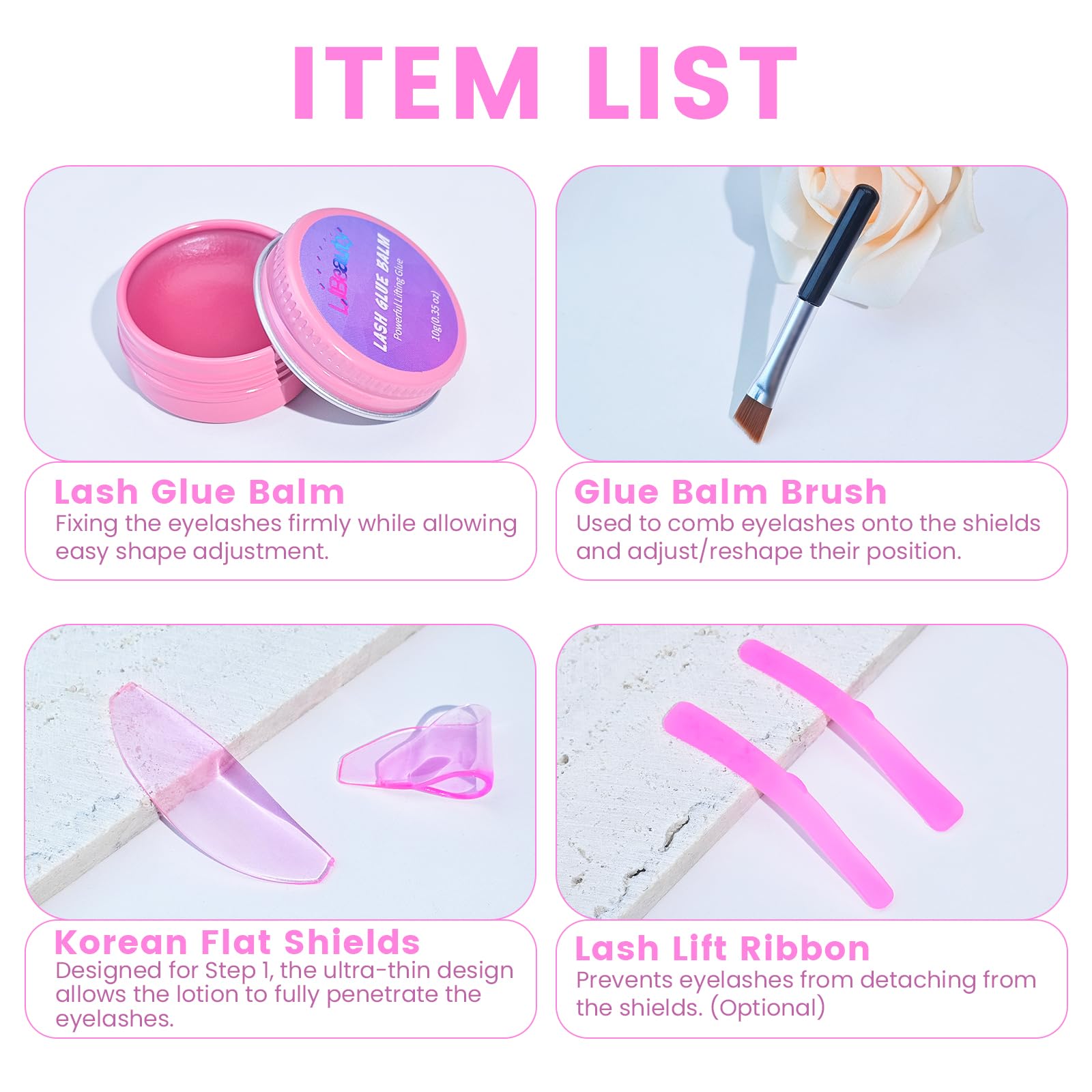Libeauty kit contents arranged with glue balm, shields, and ribbon for value
