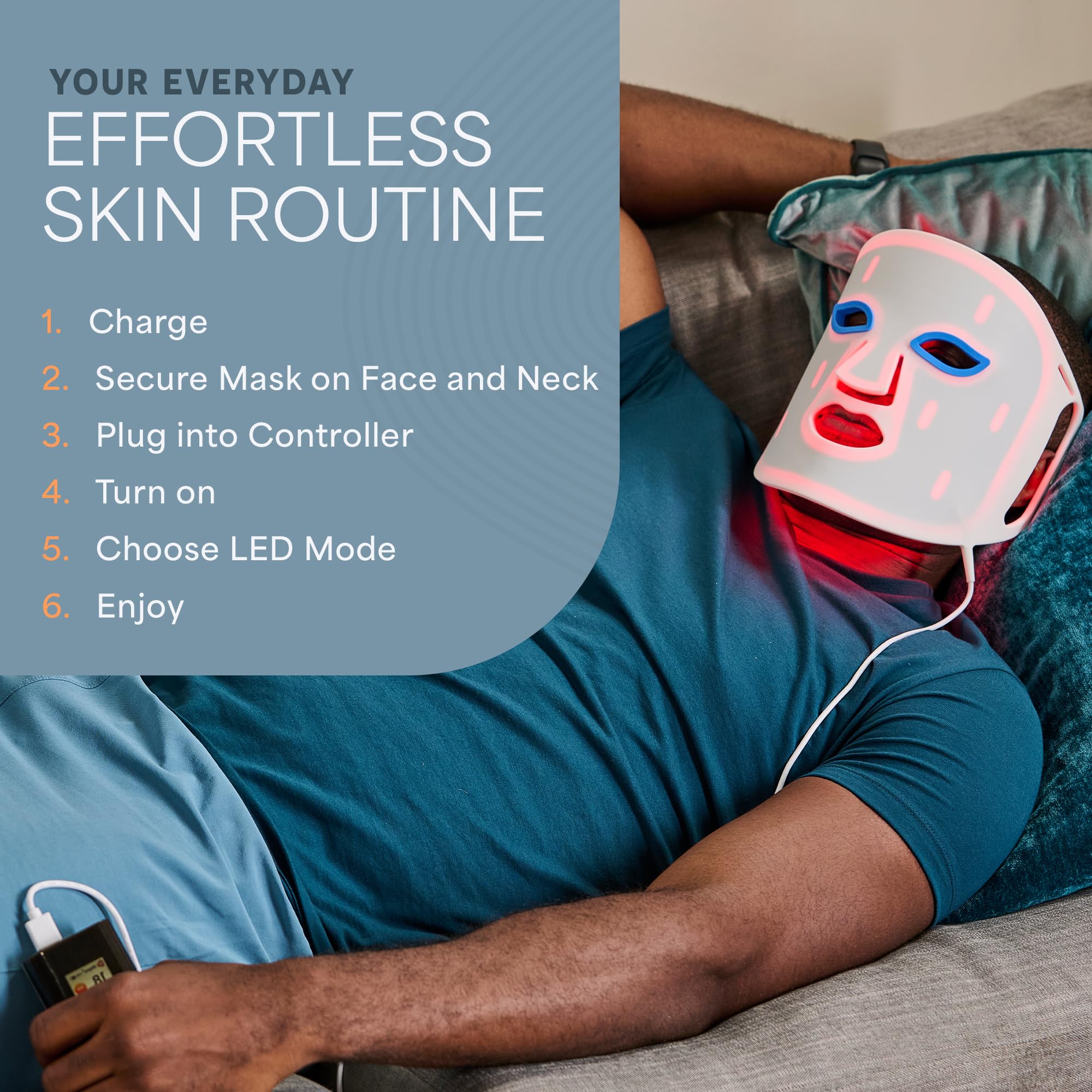 LifePro Revitaglow worn by model illustrating hands-free, soothing session