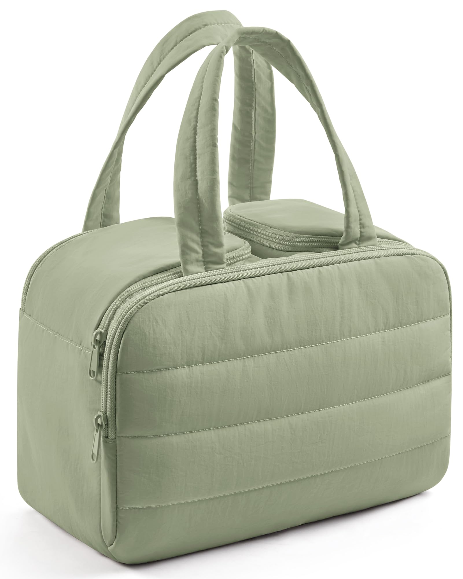 LIGHT FLIGHT front view of quilted green bag showing shape and size benefit of easy packing