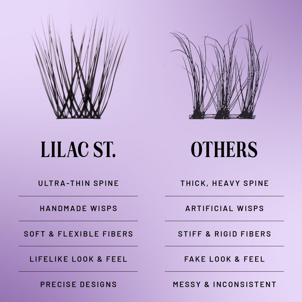 Lilac St cluster lashes held in hand showing scale and user-friendly size
