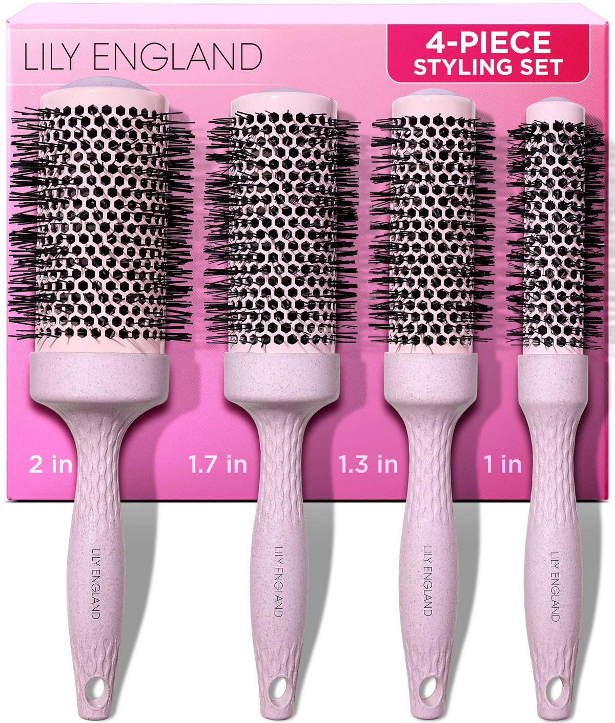 Lily England front packaging showing four brushes and pink gift box for stylish presentation