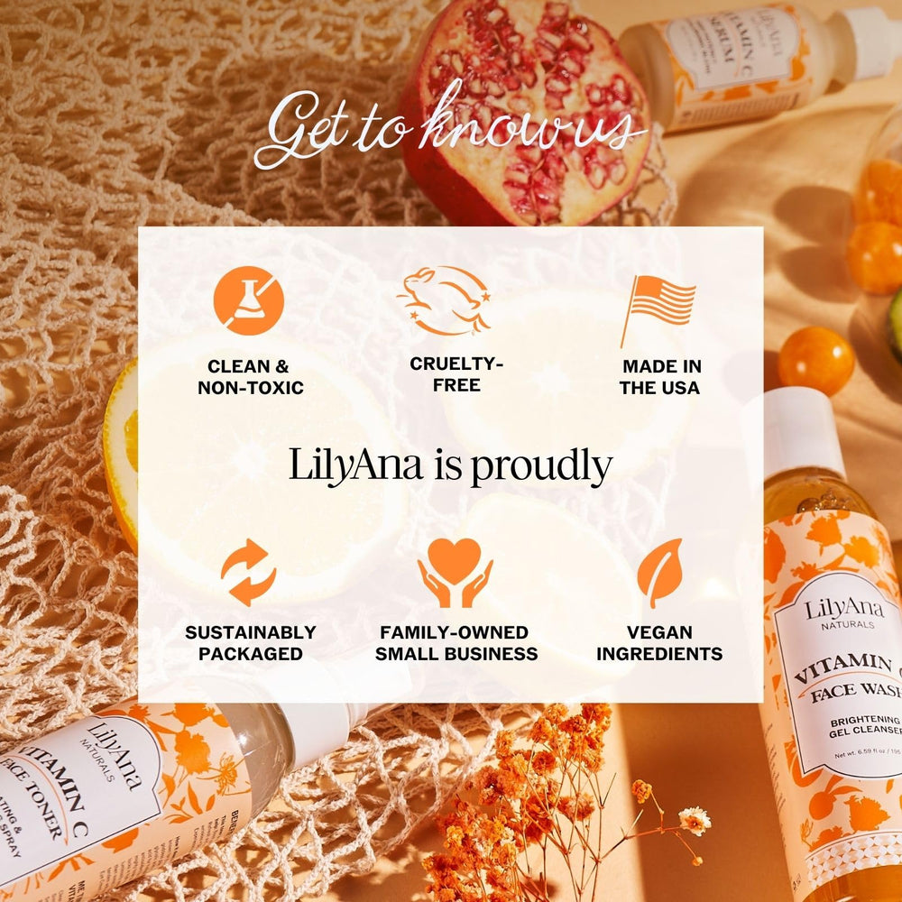 LilyAna Naturals serum placed on bathroom counter in a morning routine setting
