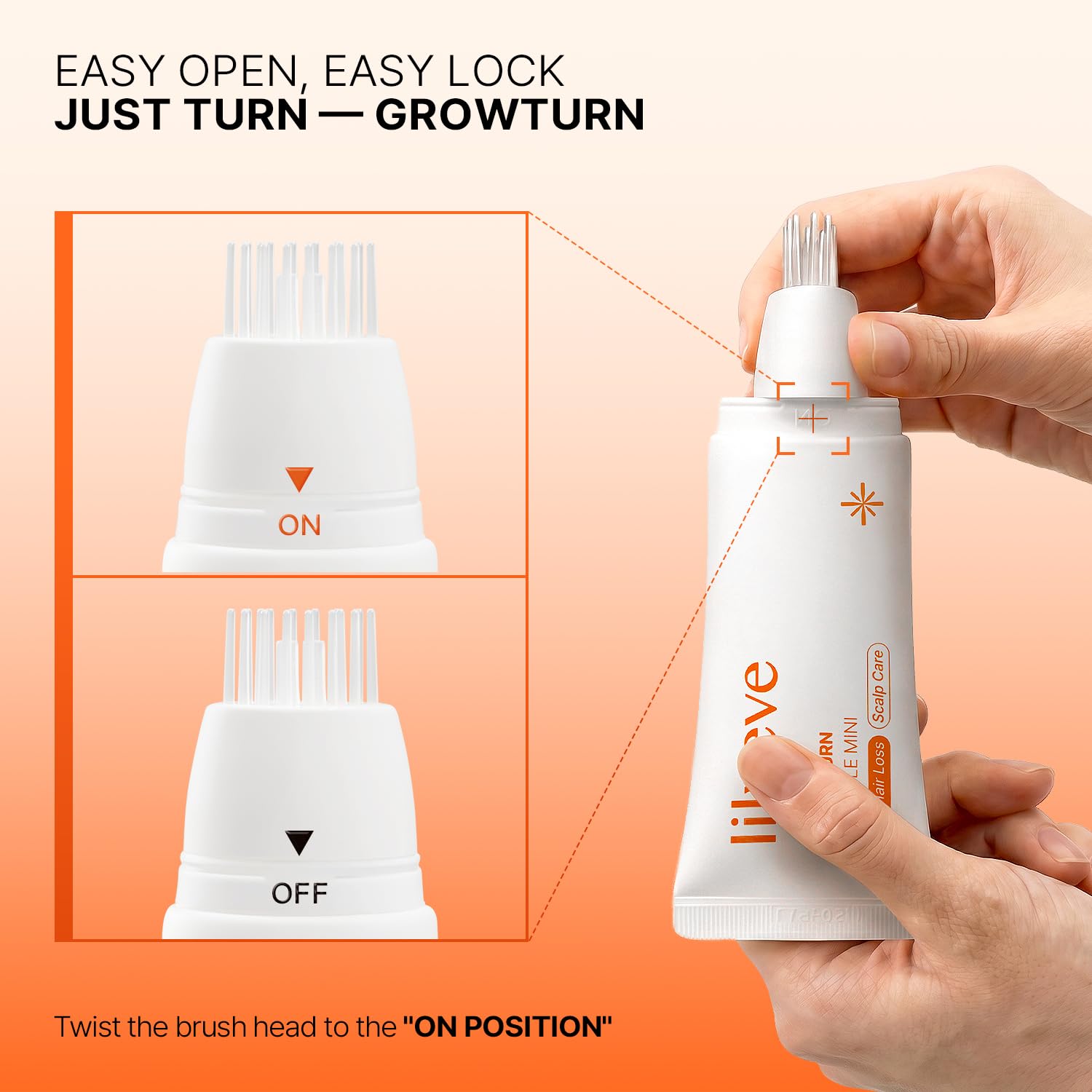 lilyeve GROWTURN bottle in hand to show 1.01 fl oz scale and portability