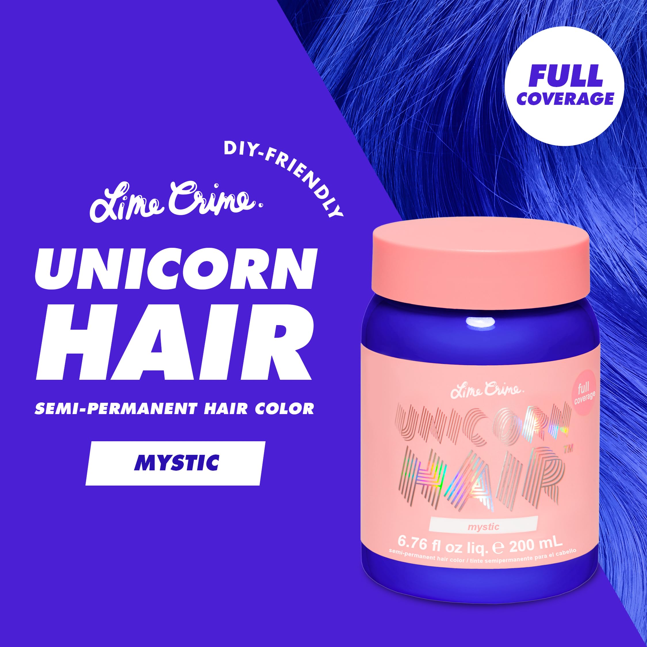 Lime Crime Mystic swatch on platinum hair strand demonstrating vibrant electric blue payoff