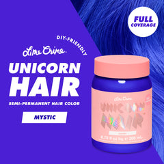 Lime Crime Mystic swatch on platinum hair strand demonstrating vibrant electric blue payoff