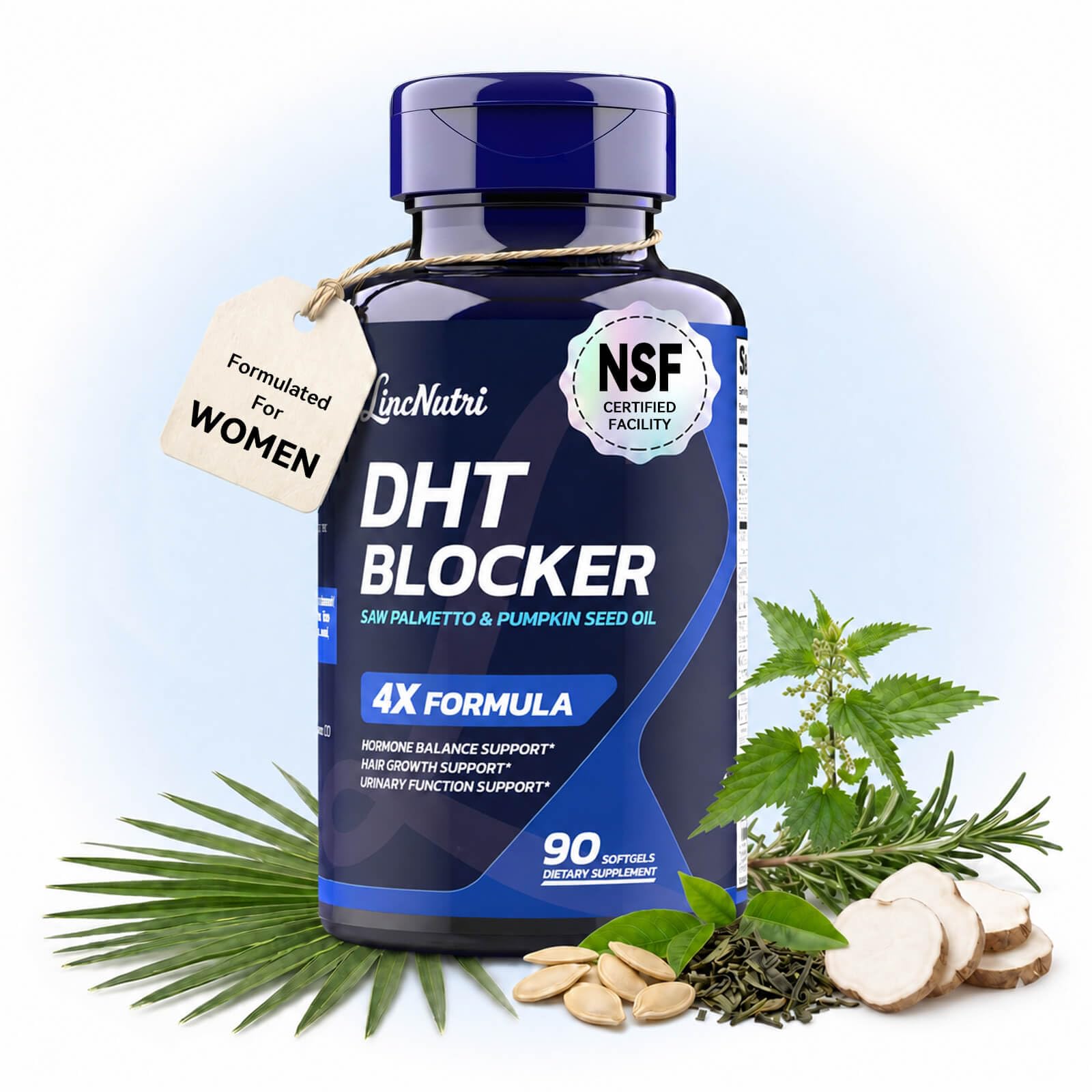 LincNutri bottle front view highlighting 90 softgels and 10-in-1 formula benefit