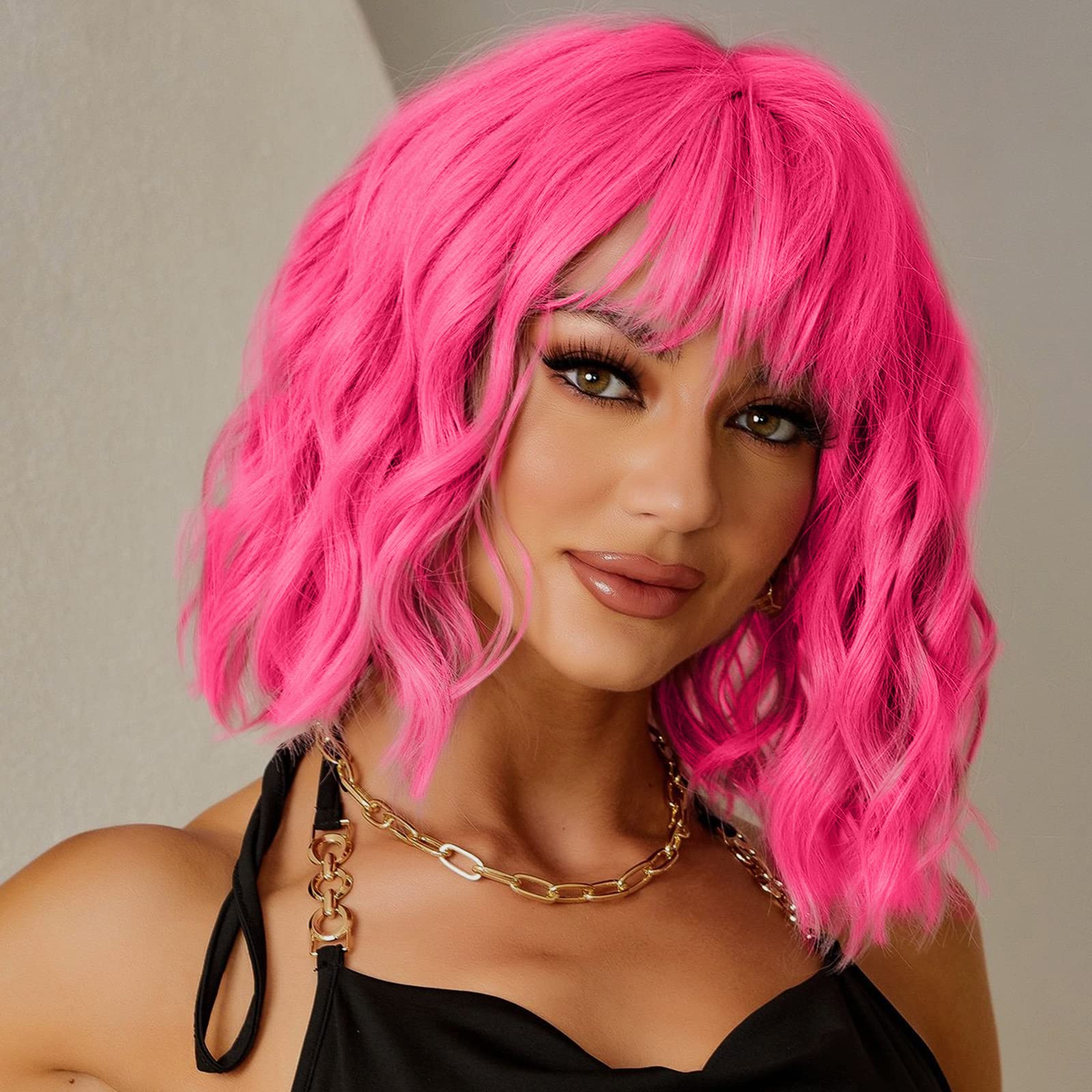 LINGHANG front view of hot pink wavy bob showing color and shape benefit: instant bold look