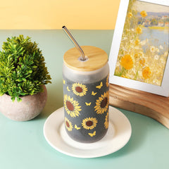 linsuiyyds frosted glass cup with metal straw practical sunflower-themed drinkware