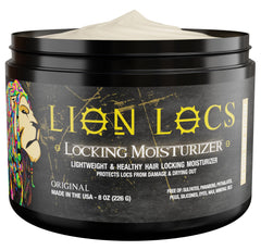 Lion Locs front packaging showing jar and brand, highlights no buildup benefit