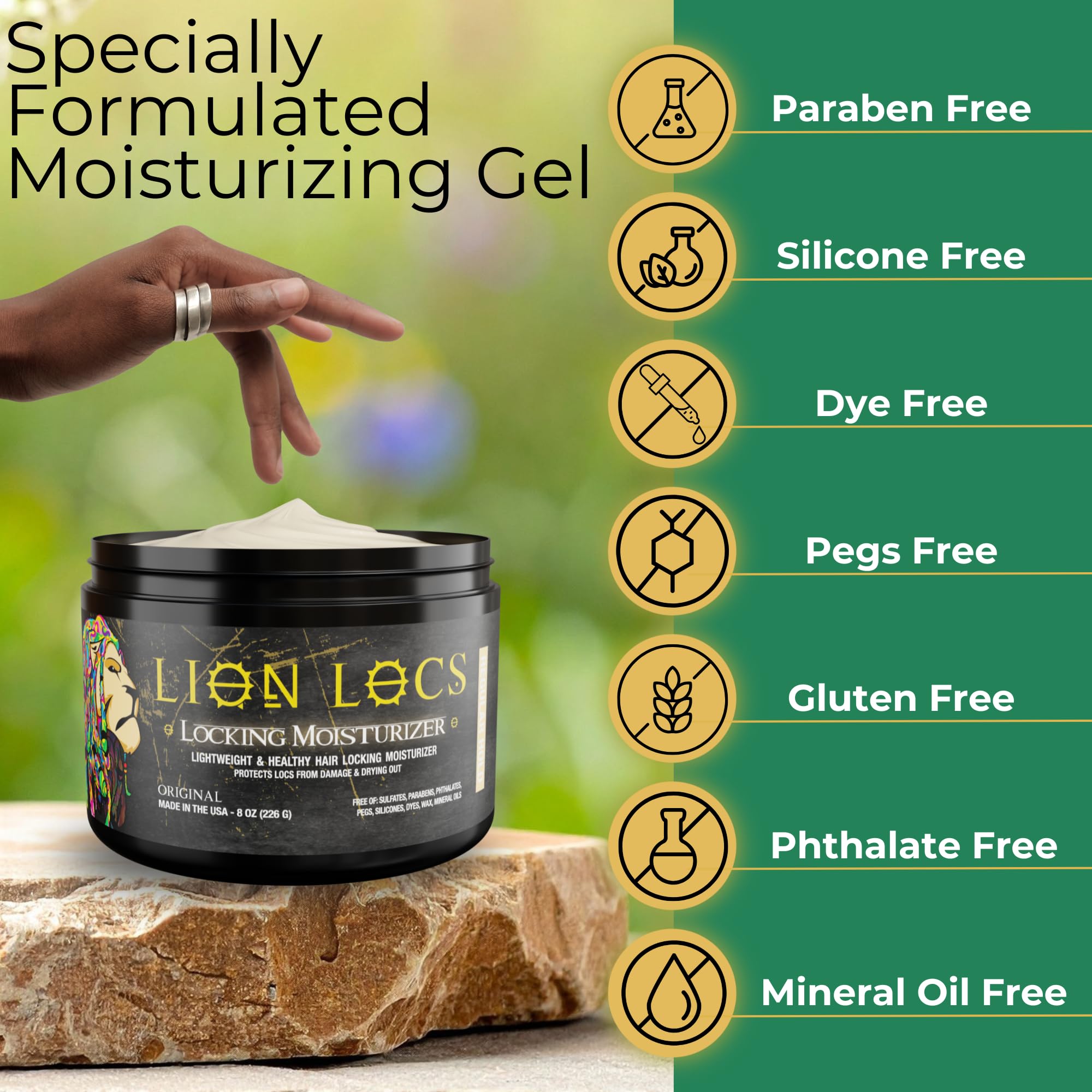 Lion Locs ingredient bottles with aloe and oils, showing natural formulation benefit