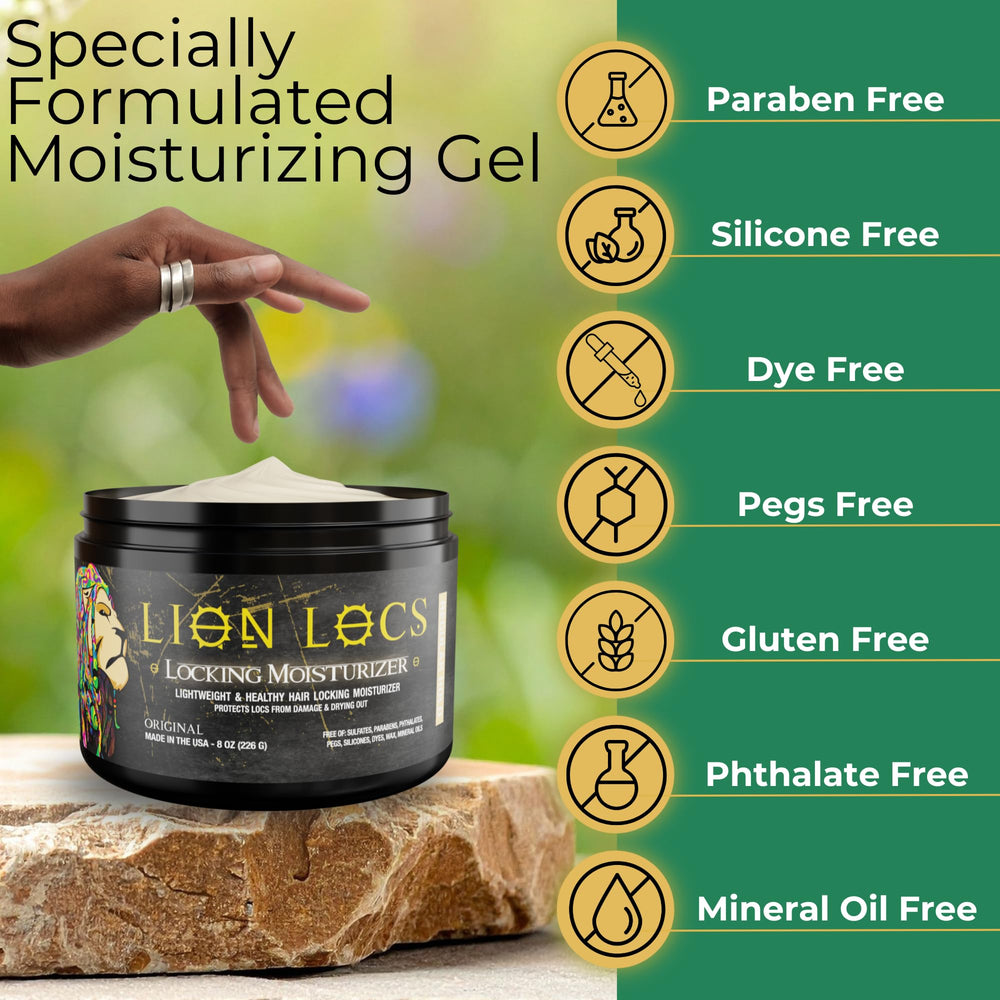 Lion Locs ingredient bottles with aloe and oils, showing natural formulation benefit