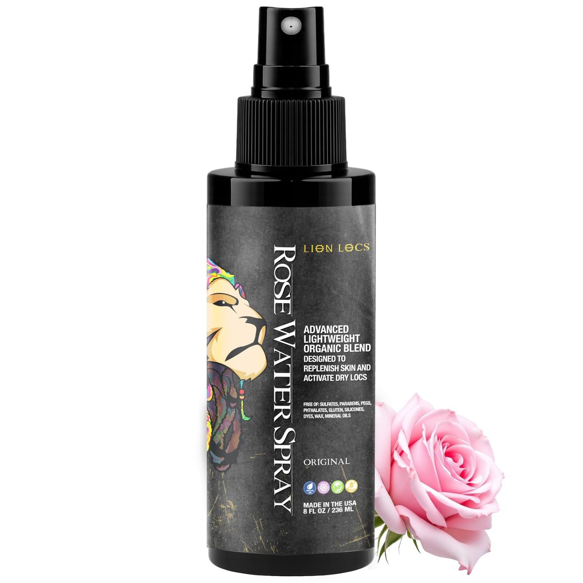 Lion Locs front bottle showing clean design and quick hydration benefit