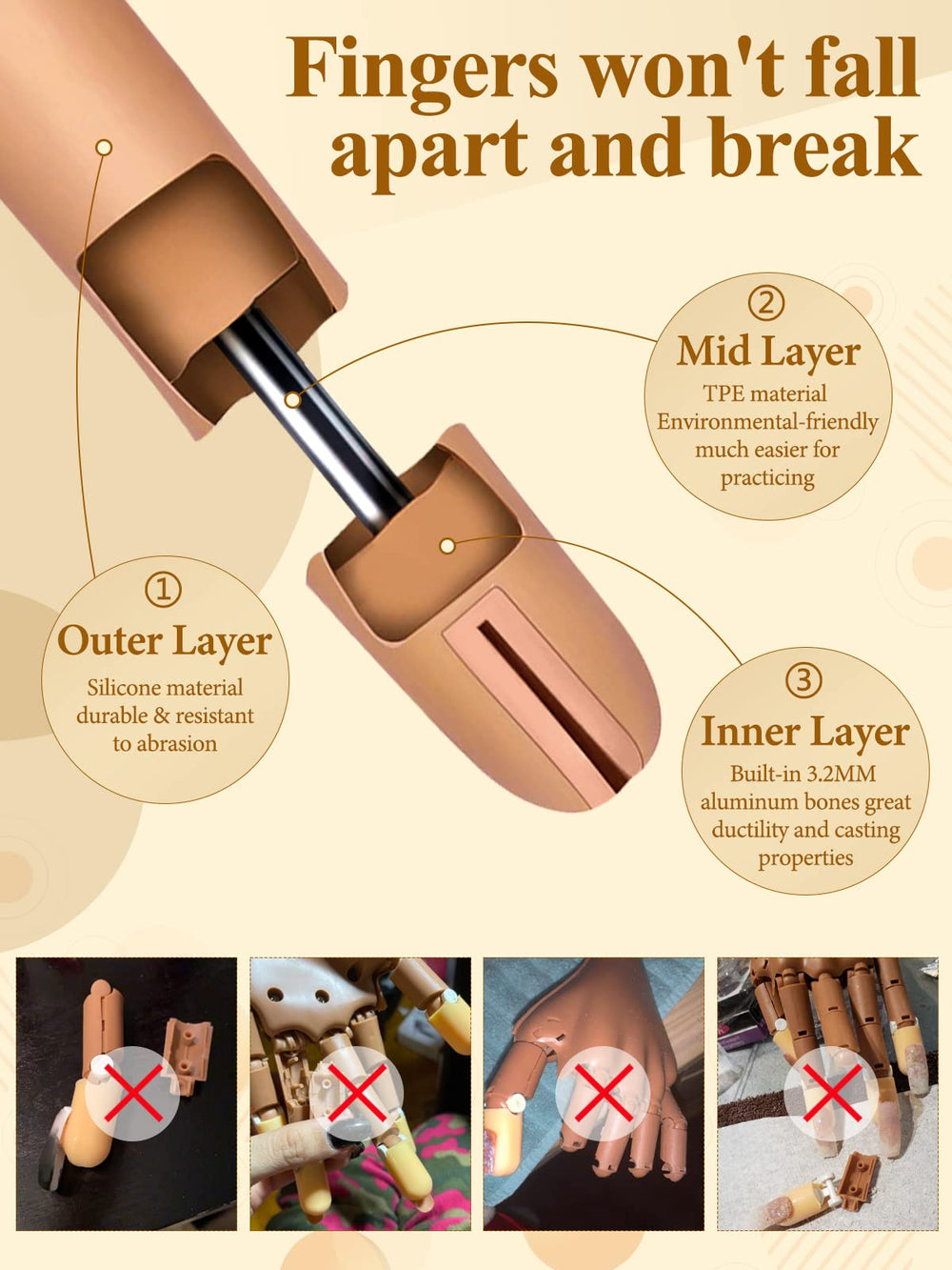 LIONVISON finger cross-section highlighting aluminum core for durable bendability and pose holding