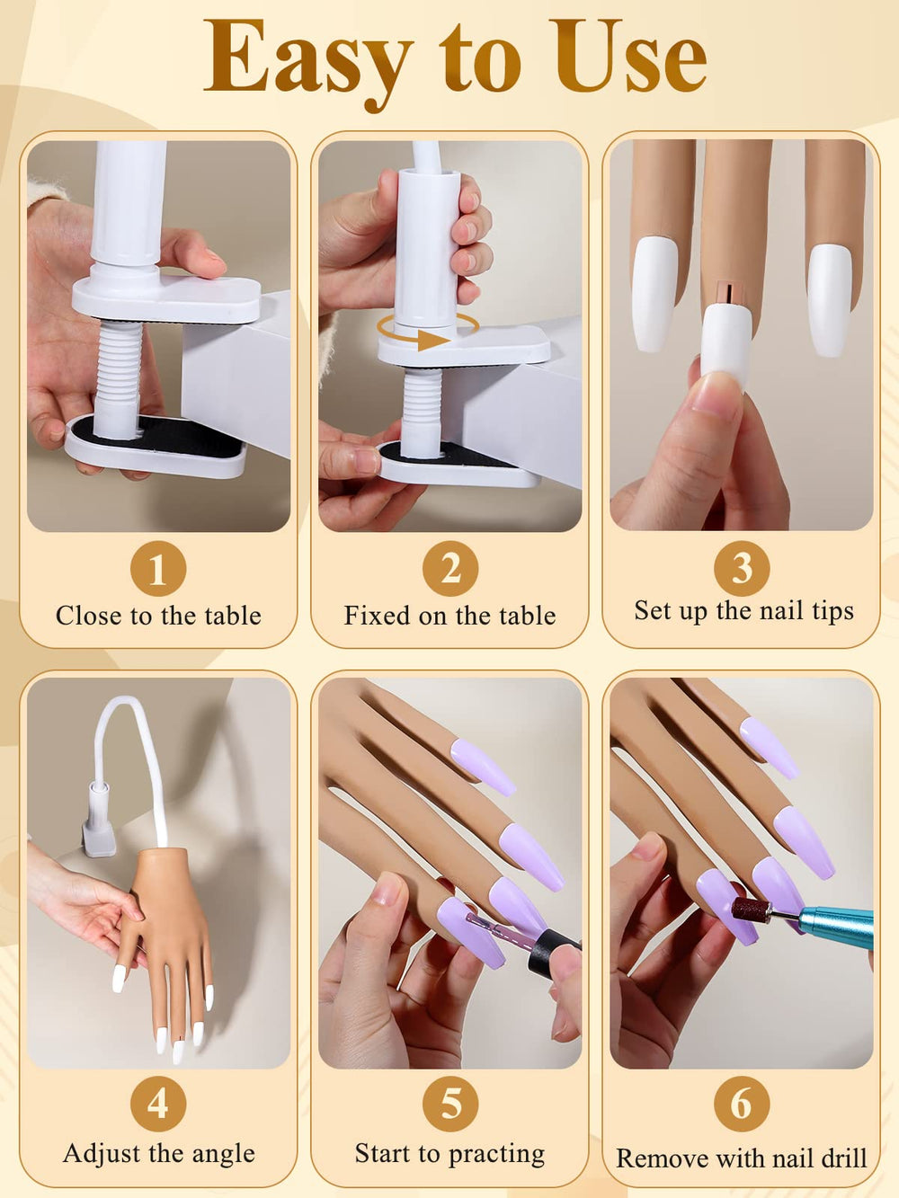 LIONVISON practice hand displayed with 200 nail tips ready to practice many nail sets