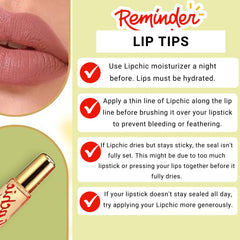 Lip Chic By Ella swatch on lips demonstrating preserved lipstick shade and extended wear