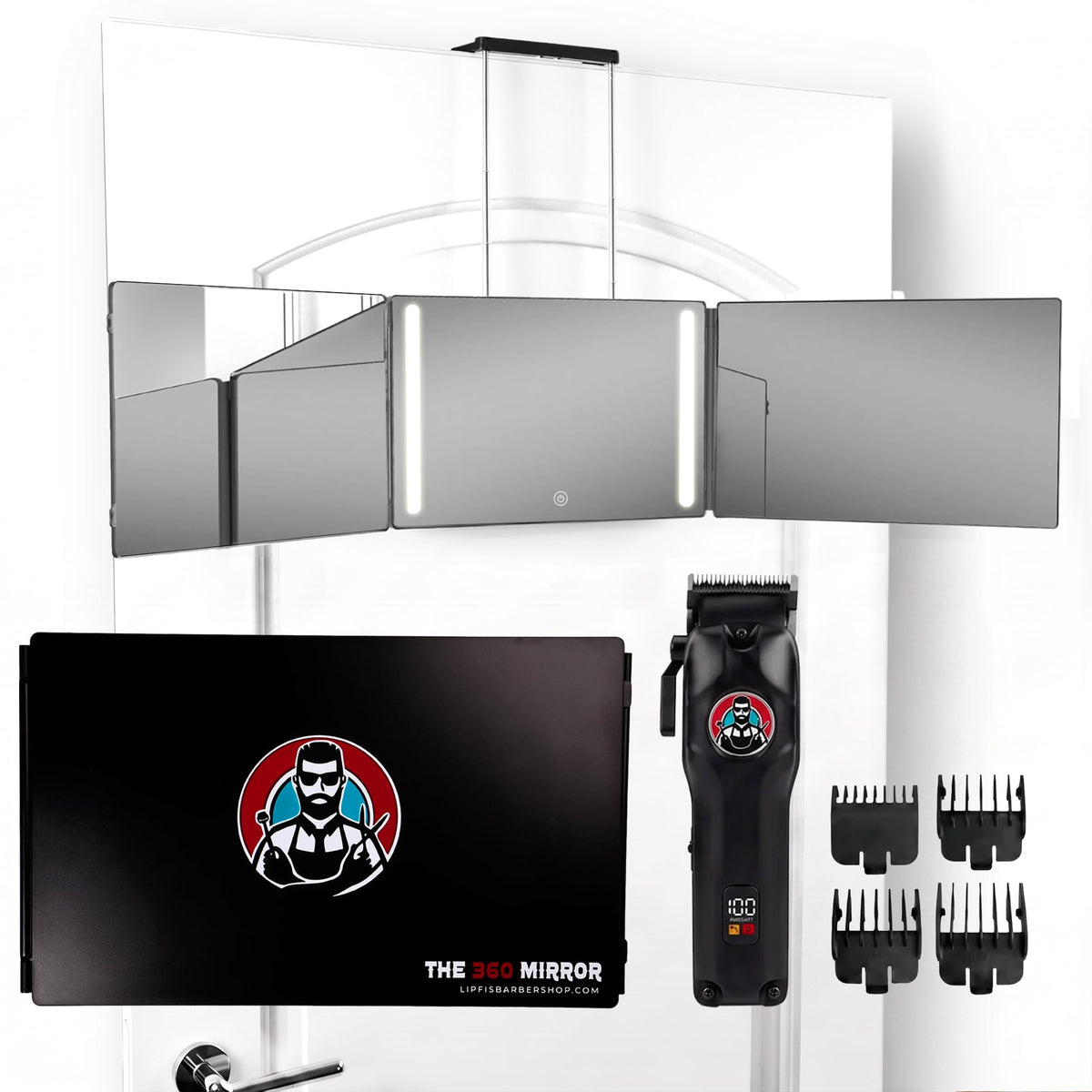 LIPFISBARBERSHOP front view of 360 LED mirror showing full panels and benefit of full-angle visibility