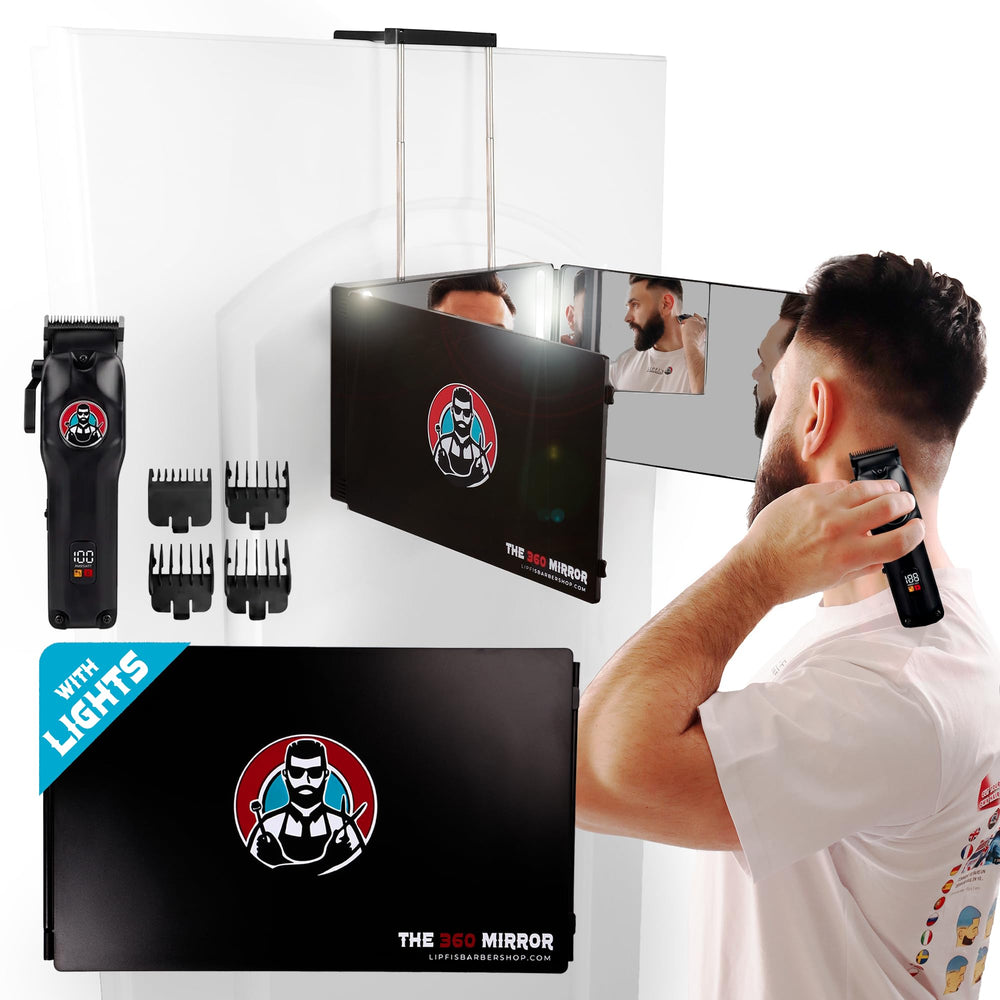 LIPFISBARBERSHOP open three-sided mirror demonstrating coverage for complete head views