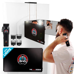 LIPFISBARBERSHOP open three-sided mirror demonstrating coverage for complete head views