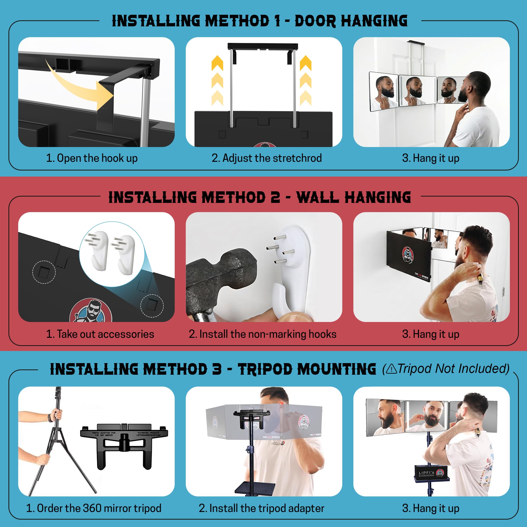 LIPFISBARBERSHOP mirror beside suitcase showing scale and travel friendliness for on-the-go grooming