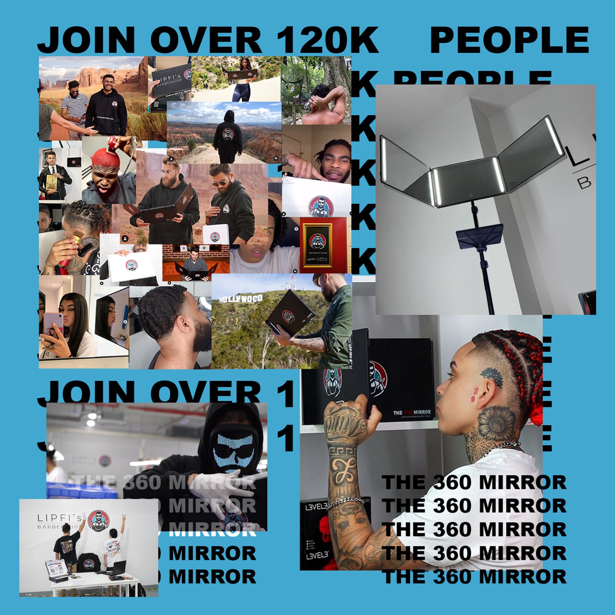 LIPFISBARBERSHOP mirror in use during a self-haircut demonstrating hands-free rear visibility