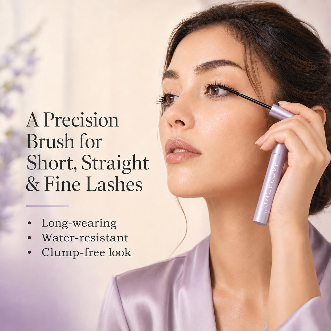 Lipifil mascara applied on model showing lifted lashes and subtle eye definition