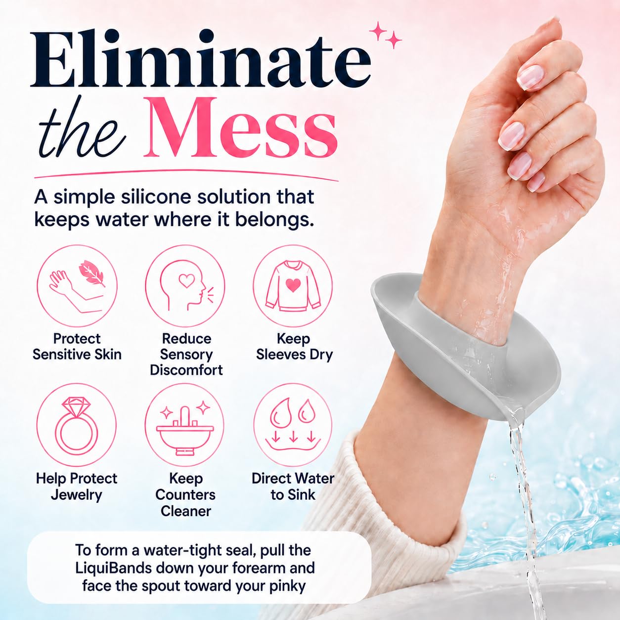 Liquilinks cuffs beside sink showing redirected water and less mess