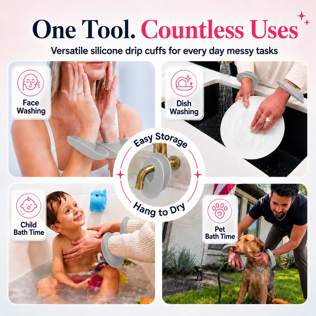 Liquilinks cuffs being rinsed under tap to show dishwasher-safe cleaning