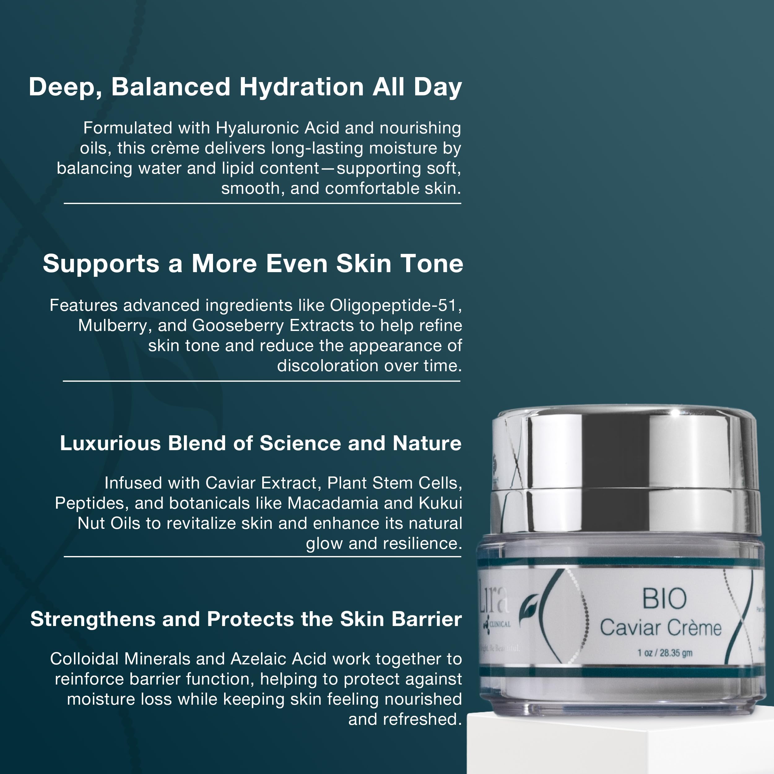 Lira Clinical open jar revealing smooth cream for replenishing skin
