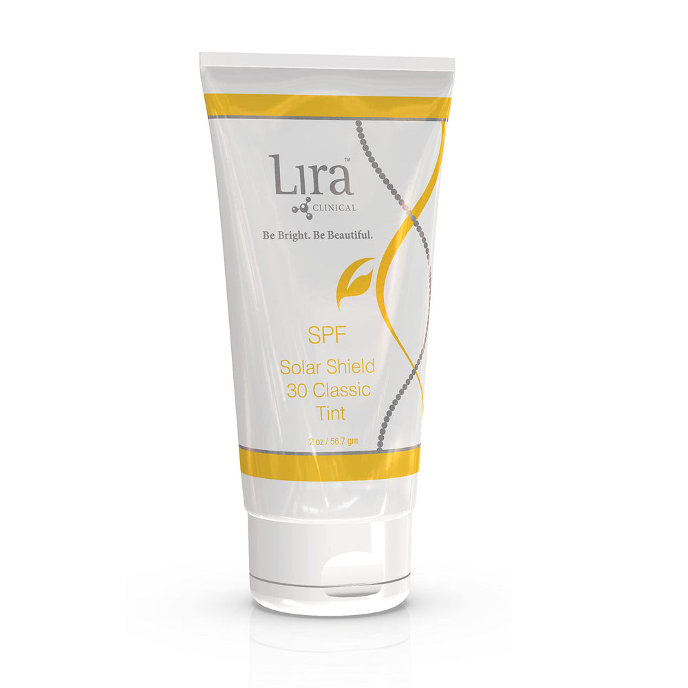 Lira Clinical tube front view showing compact travel-ready sunscreen