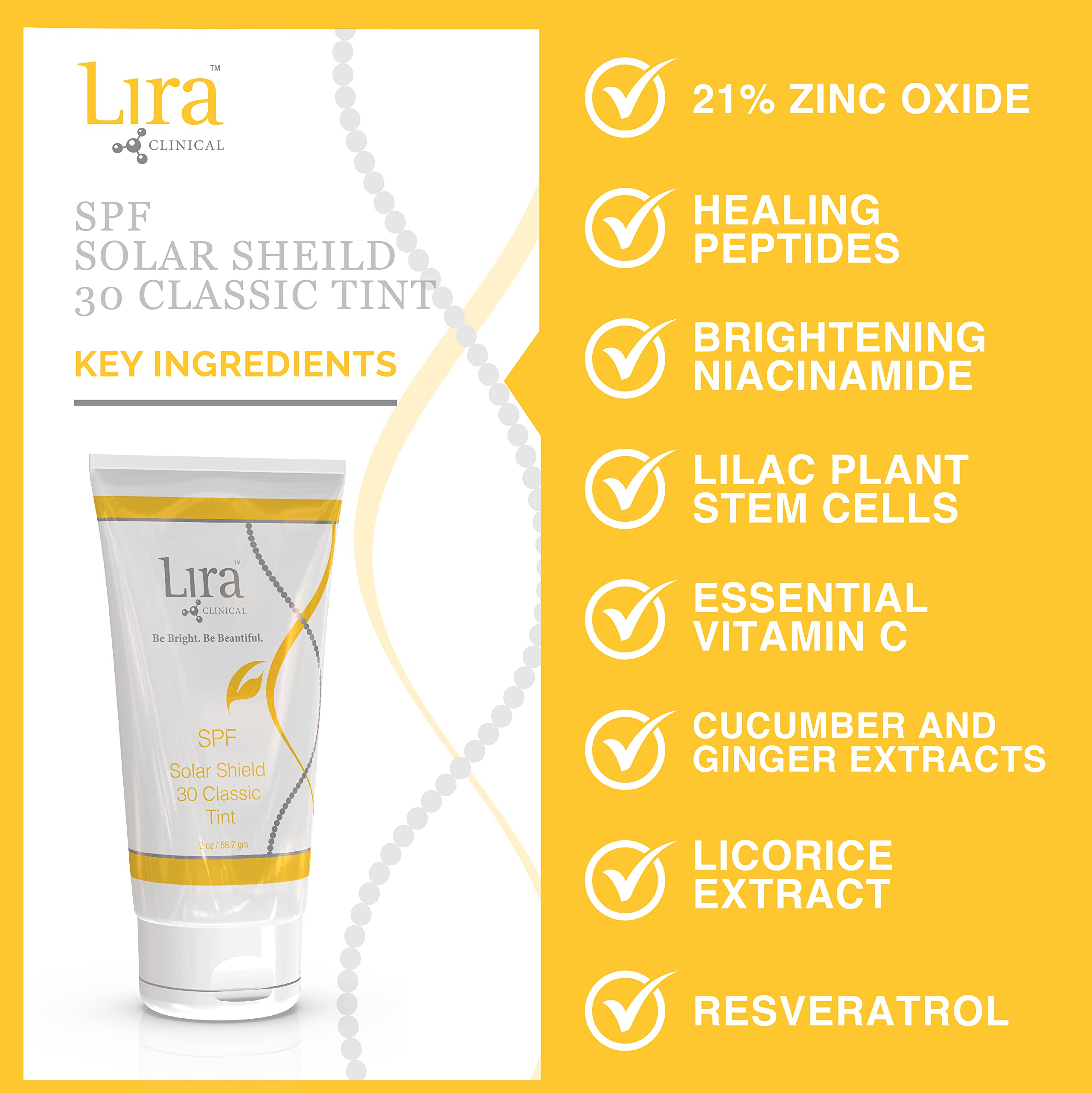Lira Clinical label close-up highlighting SPF 30 and ingredient benefits