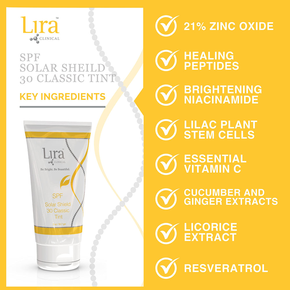 Lira Clinical label close-up highlighting SPF 30 and ingredient benefits