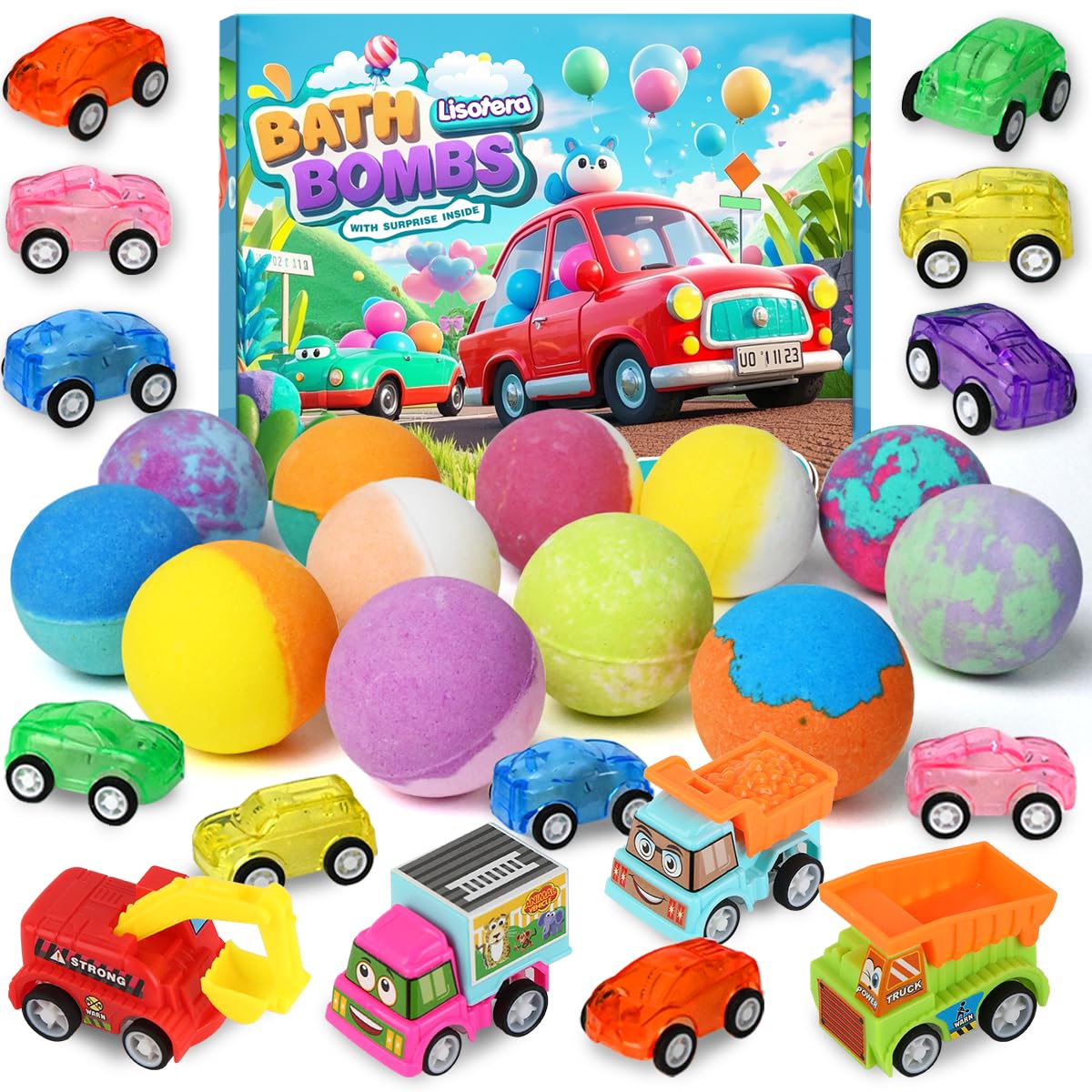 Lisotera front set display showing colorful bath bombs and toys for fun