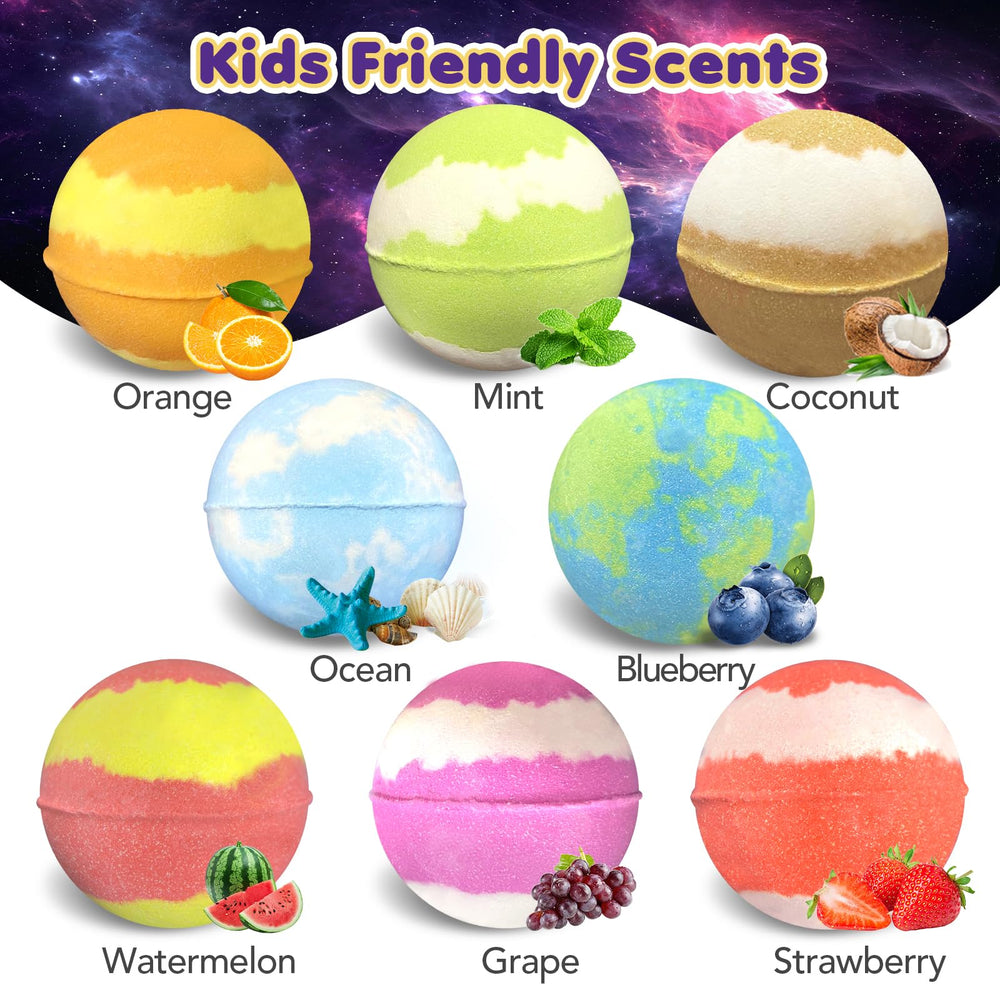 Lisotera planet bath bombs arranged to display all eight colors and scents