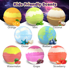 Lisotera planet bath bombs arranged to display all eight colors and scents
